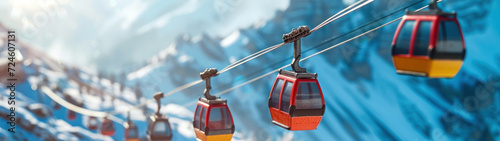 Gondola and cable car miniatures set against a mountainous backdrop, illustrating transport in challenging terrains. 