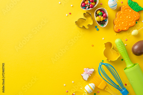 Preparing for Easter delights. Top view baking table equipped with essentials – whisk, rolling pin, brush. Cute cookies, chocolate eggs, and more on vibrant yellow base. Empty space for text or ads photo