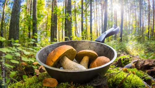 boletus scaber leccinum scabrum in a pan in the forest freshly picked mushrooms