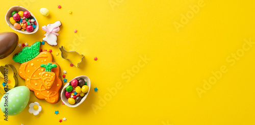 Easter baking scene at confectionery store. Top view of a table featuring kitchen essentials, surrounded by whimsical gingerbreads, chocolate eggs, candies. Lively yellow backdrop with space for text