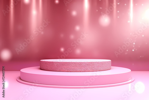 Pink podium 3d illustration background , mock up display with sparkle and glitter for beauty products or holiday event.	