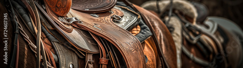 Horse riding gear, such as a saddle, boots, and equestrian helmet, displayed with images of horse-drawn carriages. Leather saddle