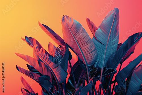 Banana leaves with a duotone effect of pink and blue gradient