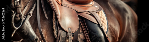 Horse riding gear, such as a saddle, boots, and equestrian helmet, displayed with images of horse-drawn carriages. Leather saddle