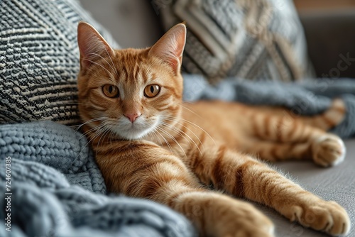 Ginger striped cat seeting on gray blanket on bed. High quality photo