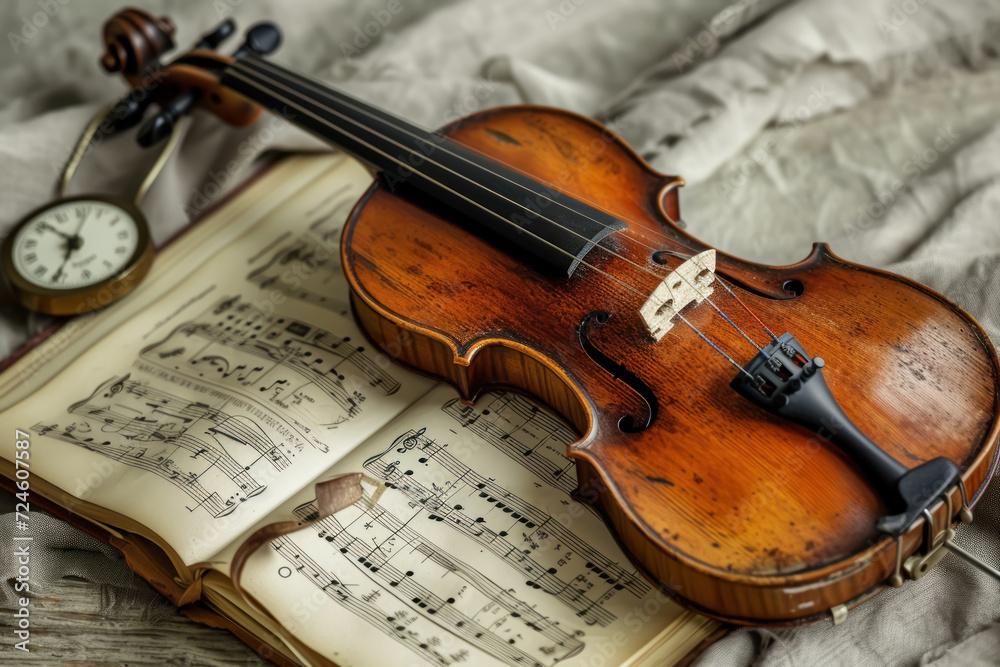 Musical arrangement with a violin, sheet music, and metronome. Musical arrangement with a violin, sheet music, and metronome.