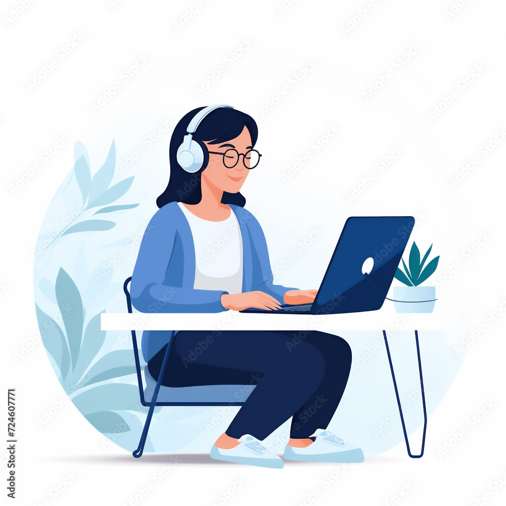 fondo blanco, mujer escuchando música sentada en el escritorio con su computadora portátil, al estilo de ilustraciones animadas, lugar de estudio, cuerpo completo, basado en texto