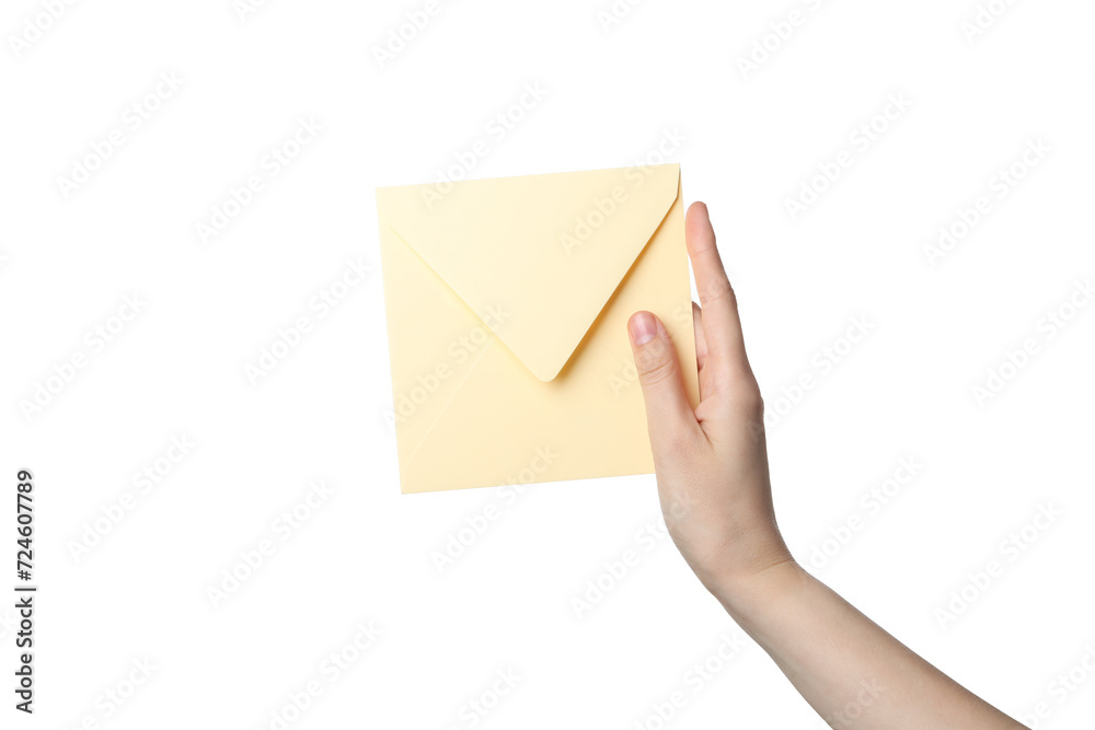 PNG,female hand holding a paper envelope, isolated on white background