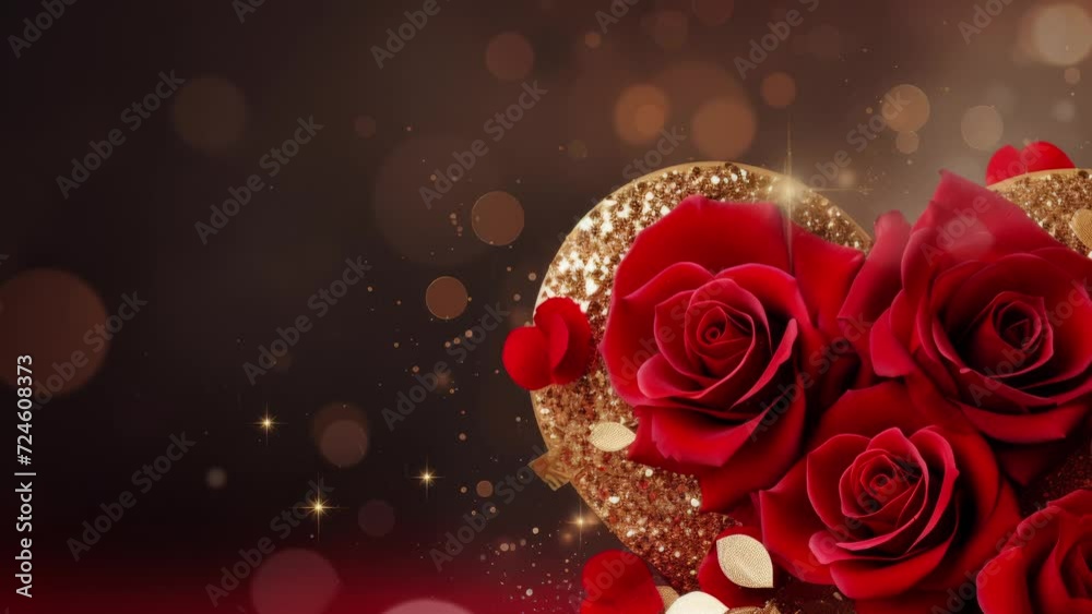 Card or banner on a Happy Valentine's Day in gold with a red rose in a ...