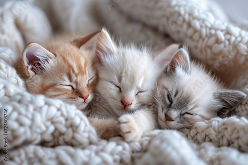 A family of kittens lie and sleep curled up. Cute white kitten with blue eyes looks carefull high-resolution