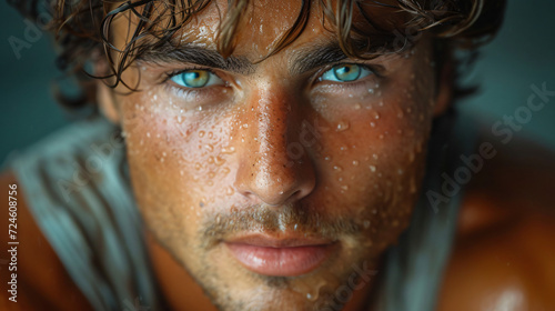 Closeup stunning handsome athletic summer sexy surfer model man with hazel blue eyes and brown hair looking posing on the beach © BeautyStock