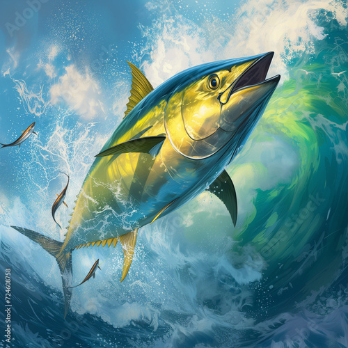 Experience the thrill as yellowfin tuna fiercely attacks bait in the sea amid swirling squids, depicted in a strikingly realistic portrayal