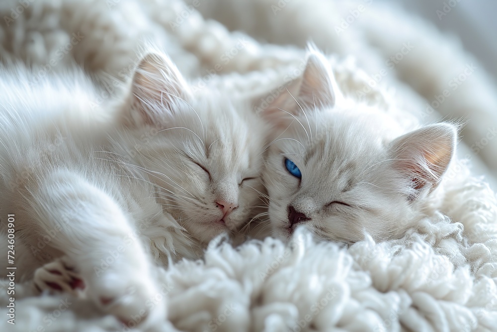 Two adorable kittens sleeping together close up. Cute little Siberian Forest Cats, curled up napping face to face. Concepts of love, sleep, snuggle. Siberian cats are thought to cause fewer allergies