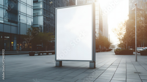 Cityscape Advertisement: Vertical Street Billboard Mockup with Blank White Poster Lightbox Stand, Ideal for Showcasing Urban Advertising