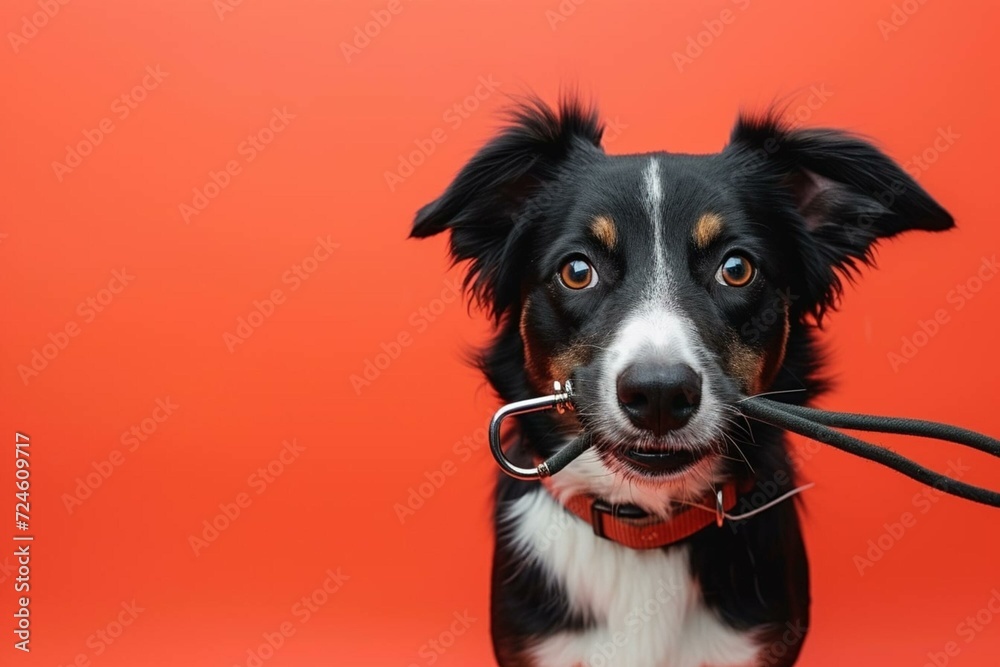border collie dog with leash in mouth 