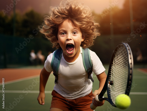 Surprised boy catches tennis ball on tennis court. © trompinex