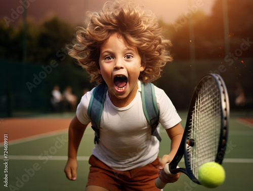Surprised boy catches tennis ball on tennis court.