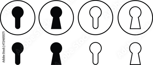 Key hole black icon set isolated on transparent background. Trendy flat and line art design collection vector. Mysterious Vintage padlock silhouette symbol of hope or success for apps and websites photo