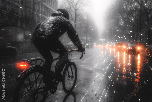 Cyclist on a city road during rainfall with car lights in the background