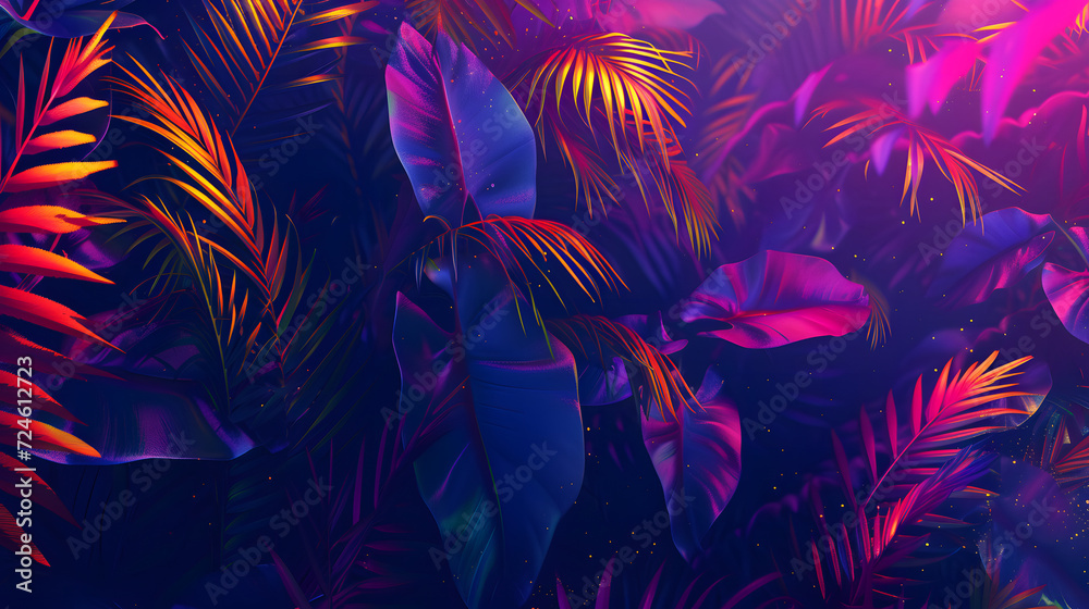 A neon abstract background resembling a digital jungle, with glowing foliage and abstract flora A neon abstract background resembling a digital jungle, with glowing foliage and abstract flora