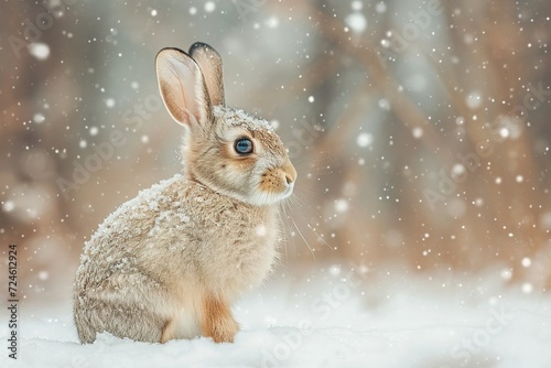 White Snowshoe hare or Varying hare with coat turning brown running in the winter snow in Canada © Leoarts