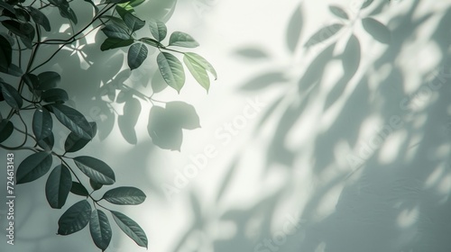 Blurred shadow from leaves plants on the white wall. Minimal abstract background