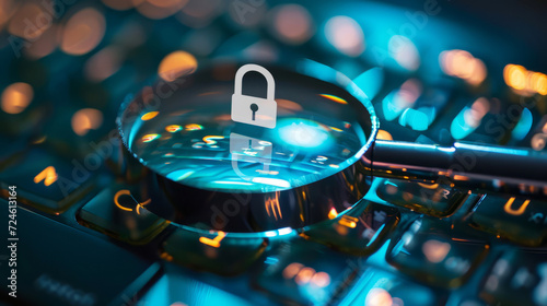 Magnifying glass focus on a padlock icon, against a glowing keyboard dark blue background, concept of secured Internet browsing and safe searching, Https encrypted connection with SSL certificate