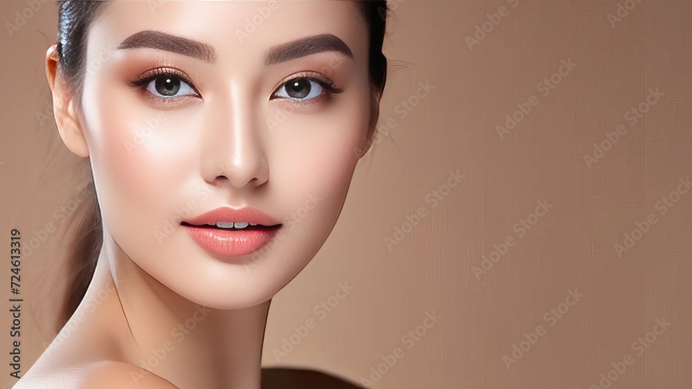 close-up, beauty photo of a beautiful Asian woman with natural make up on a beige background. cosmetic background with copy space. close-up, beauty photo of a beautiful Asian woman with natural make up on a beige background. cosmetic background with copy space.