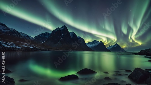 Amazing view of northen lights in Norway. Beutiful sky and reflection. Breathing mountain view in winter. AI generated image.