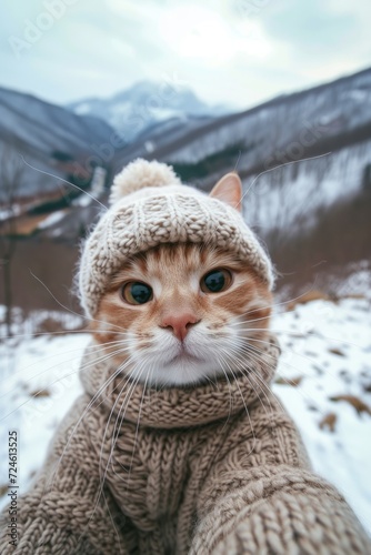 Wallpaper Mural cat in knitted hat takes a selfie against the background of mountains Torontodigital.ca