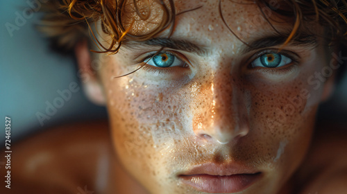 Closeup stunning handsome athletic summer sexy surfer model man with hazel blue eyes and brown hair looking posing on the beach photo