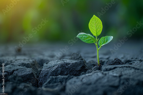 Young green plant sprouting from dark soil with sunlight in the background