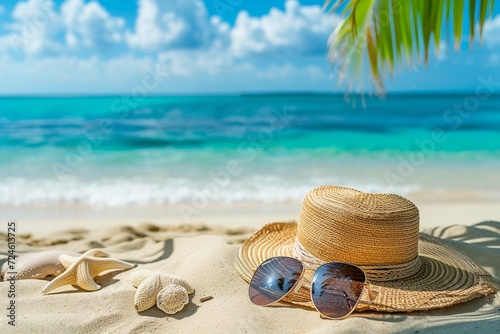 tropical beach with sunbathing accessories