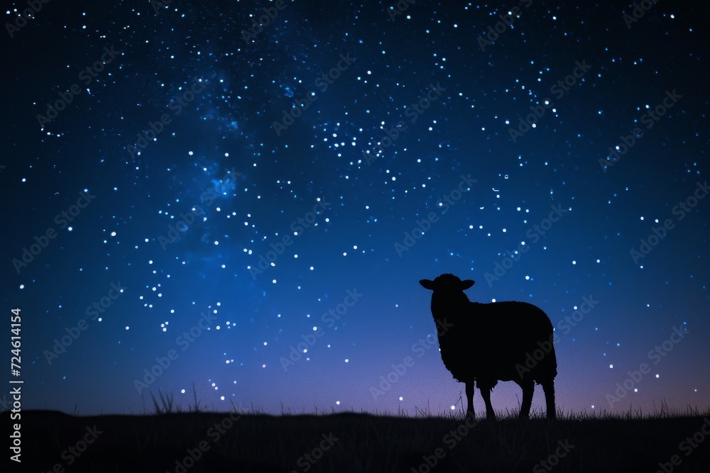 silhouette of a sheep is highlighted against a starry sky