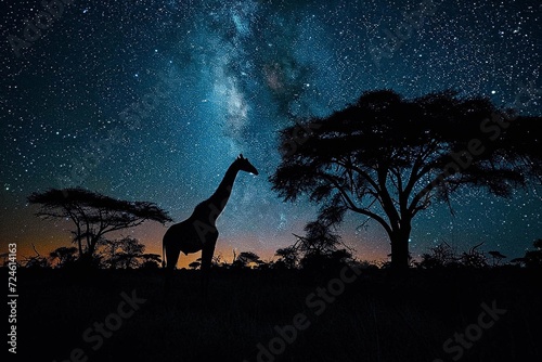 AI-generated illustration of a giraffe standing beneath the starlit sky