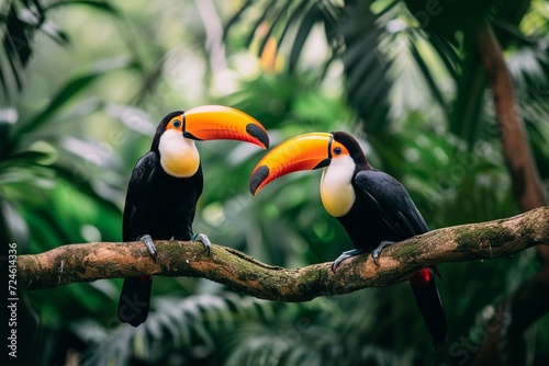 Two toucan tropical bird sitting on a tree