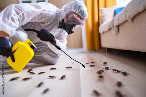 Pest control exterminator killing cockroaches inside house. Man in white protective suit, mask and gas respirator spraying insecticide from yellow sprayer bottle over roaches crawling on floor at home