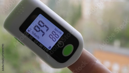 Pulse oximeter.
Close-up of a pulse oximeter measuring heart rate and blood oxygenation level. photo