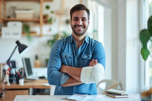 Portrait of a man with a broken arm. Happy young business man wearing an arm sling standing by his working desk at home, looking at the camera and smiling. Injury and rehabilitation concept photo