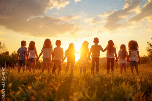 School children standing on green lawn in warm sunshine at sunset, backside view. Several happy joyful friends having fun on sunny evening, holding hands and looking in future with hope and confidenc photo