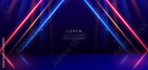 Abstract scene futuristic neon glowing blue and red light lines with on dark blue background.