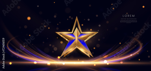 Abstract gold star with light ray on dark blue background with lighting effect sparkle. Luxury template celebration award design.