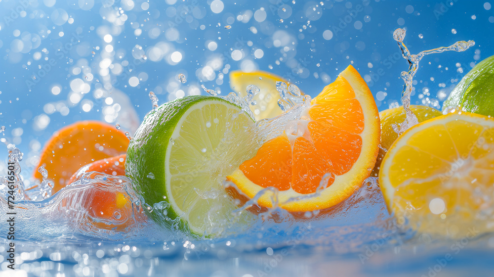 Bright citrus slices of orange, grapefruit, lime in a splash of water drops. juicy citrus fruits. refreshing vibe. colorful juicy Bright citrus slices of orange, grapefruit, lime in a splash of water drops. juicy citrus fruits. refreshing vibe. colorful juicy
