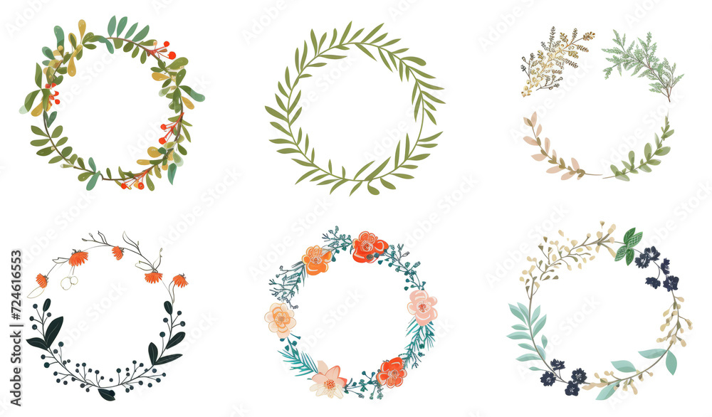 hand drawn wreaths. Cute doodle floral wreath frame set