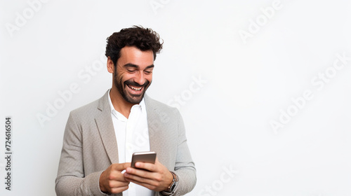 Energetic man looking into his mobile phone - ai generative