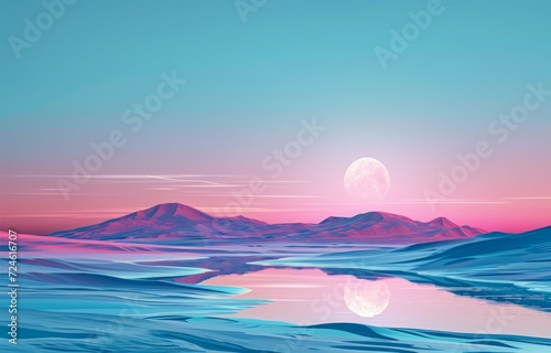 3D illustration of the full moon over the sea and mountains.