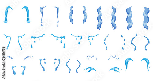 Cartoon tear drops icon set. Sorrow cry streams, tear blob or sweat drop. Crying fluid, falling blue water drops. Isolated set for sorrowful character weeping expression. Wet grief droplets photo