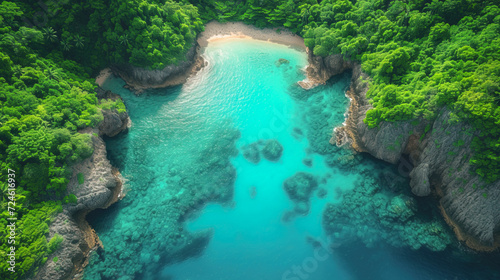 Aerial view of the on tropical bay with sandy beach at sunset. Landscape with boat, green trees, transparent blue water. Top view