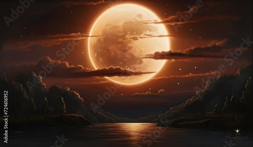 Total Solar eclipse over the river illustration image, moon over the sea, solar eclipse, sunset, moon