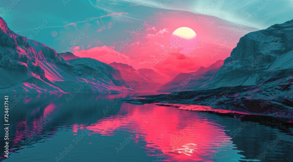 Beautiful sunset over the sea - 3d render. Summer background - obrazy, fototapety, plakaty 